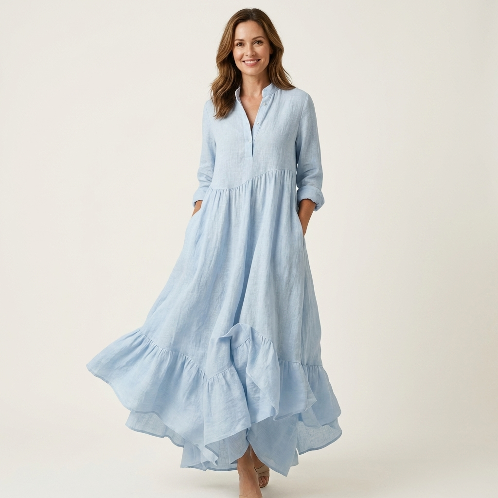 Flowy women's stand-collar maxi dress with button-front and ruffled hem, a comfortable and stylish summer day dress.