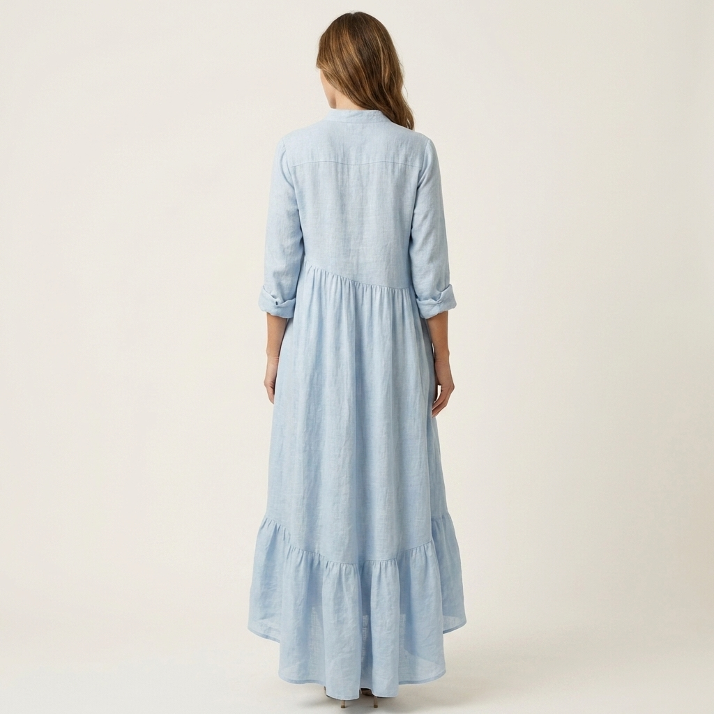 Elegant women's stand-collar maxi dress, button-front design with a delicate ruffle hem, versatile day dress.