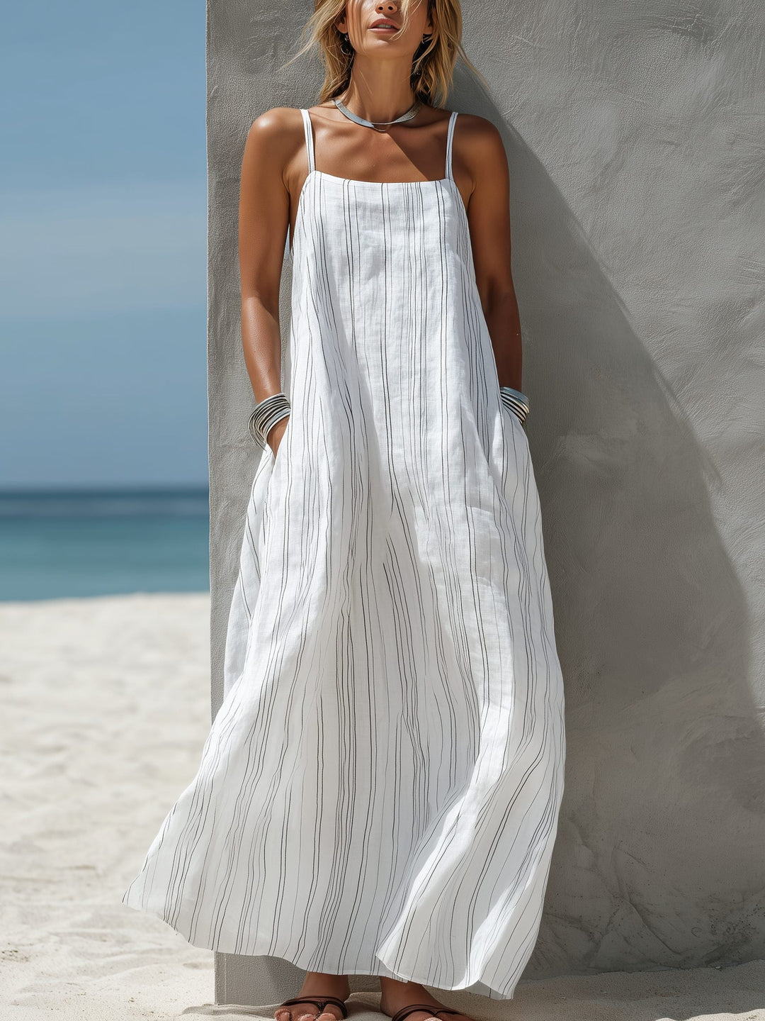 Women's white striped sleeveless maxi dress with a square neck, perfect for summer casual and beach wear.