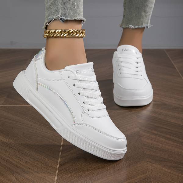 Comfortable white lace-up women's trainers with chic metallic details for casual and stylish outfits.