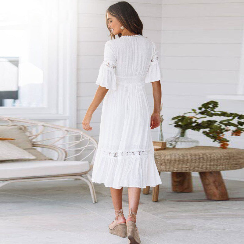 Elegant white V-neck tiered midi dress with flutter sleeves and elastic waist, comfortable women's spring attire.
