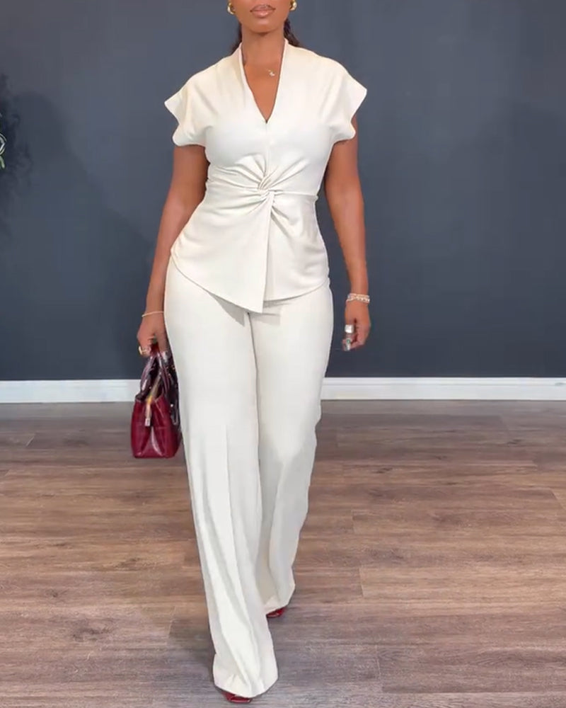 Women's white V-neck twist front top and straight leg pants two piece set