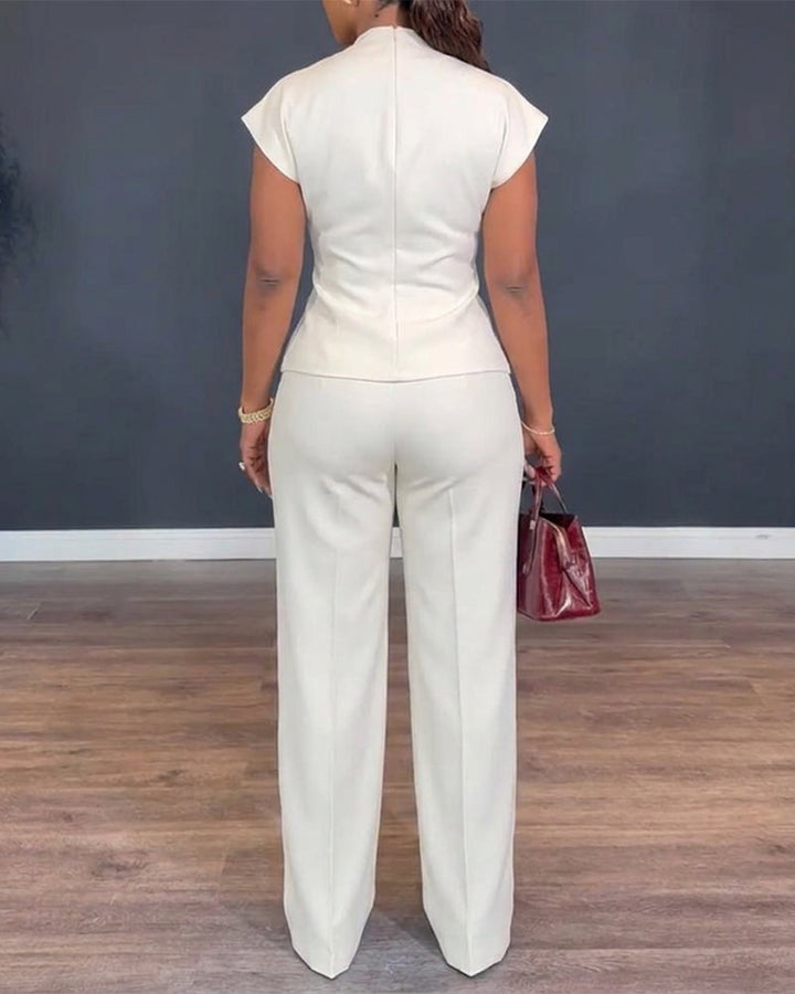 Stylish two piece set with V-neck twist top and matching straight leg pants for women