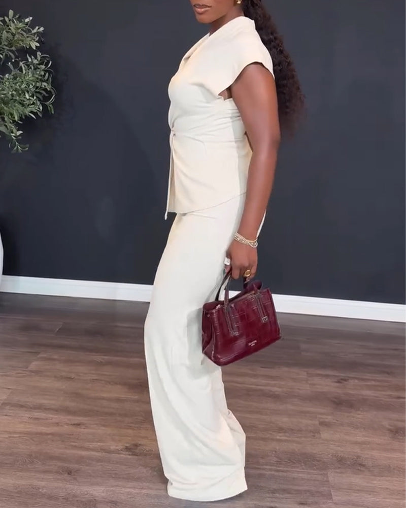 Versatile white women's clothing set featuring V-neck top and straight leg trousers