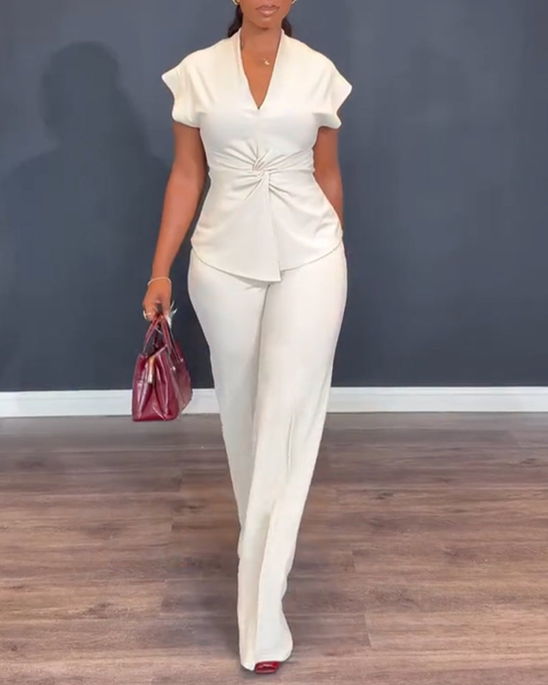 Casual and workwear ready: V-neck twist front top and straight leg pants set for women