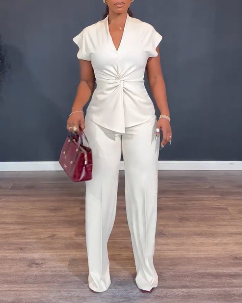 Chic summer outfit: Women's white V-neck top and straight leg pants business casual set