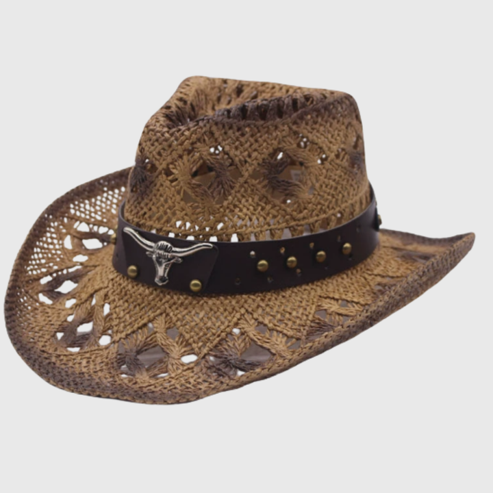 Women's wide-brim cowboy hat with decorative band, perfect for summer sun protection.