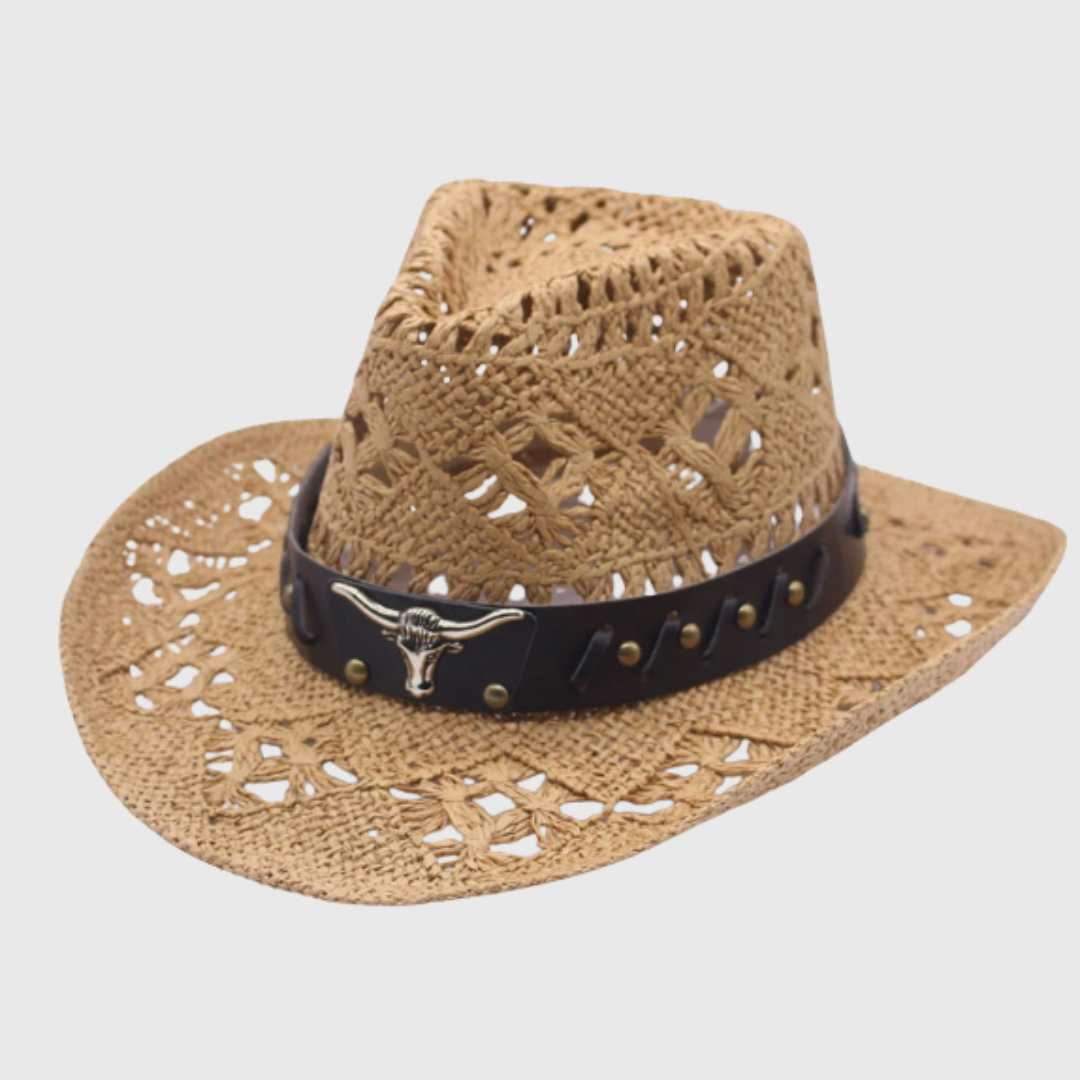 Elegant women's wide-brim western cowboy hat with decorative band for summer sun protection.