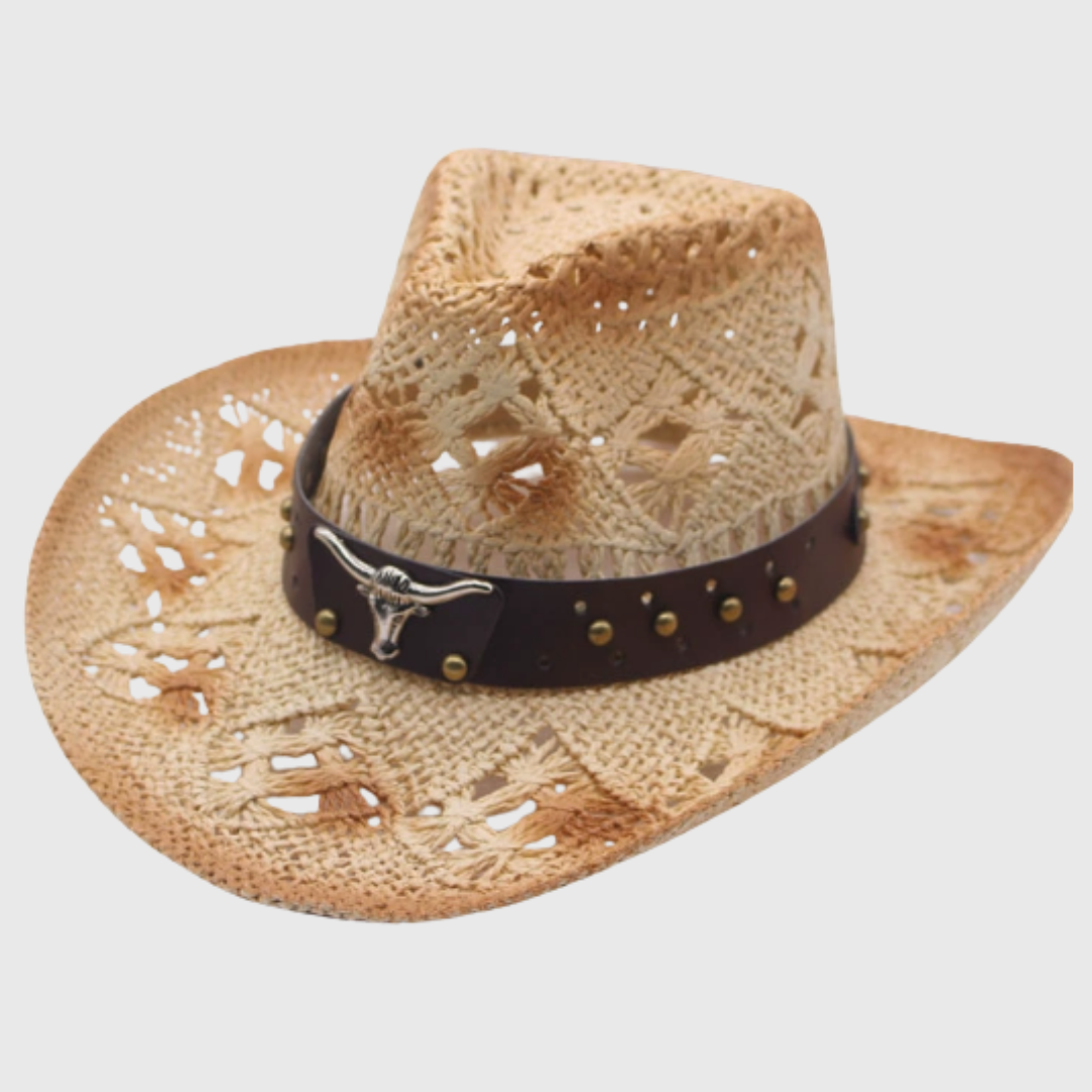 Women's breathable wide-brim cowboy hat. Summer essential with stylish decorative band & sun protection.
