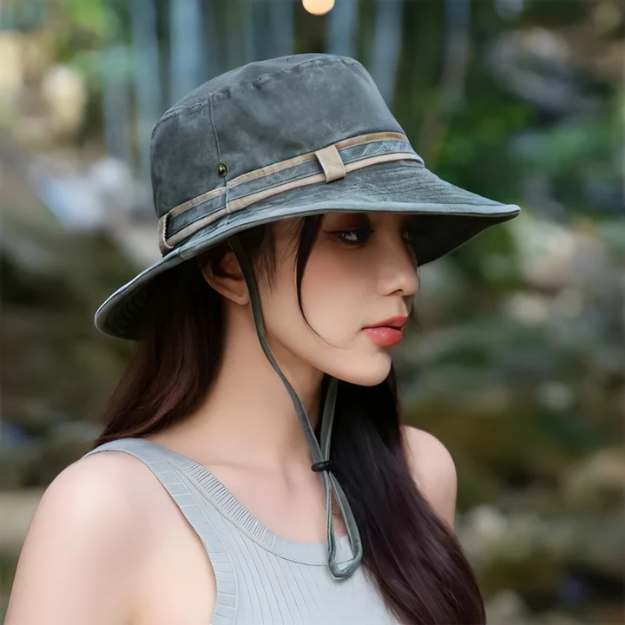 Women's wide brim outdoor sun hat with chin strap. Perfect for hiking, beach, and gardening. UV protection.