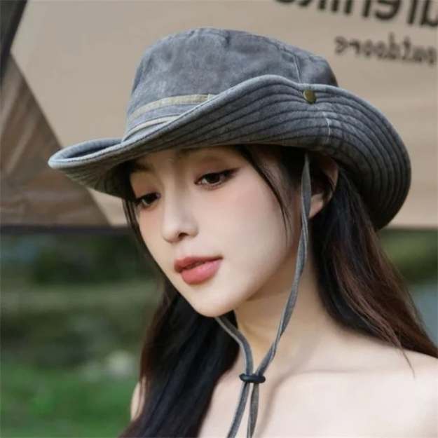 Khaki women's foldable wide brim sun hat. Adjustable chin strap, breathable. Great for travel & outdoor protection.