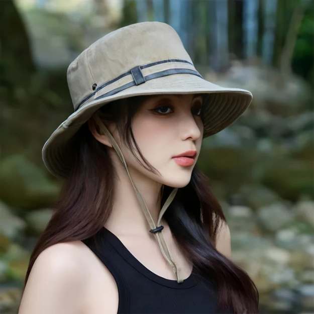 Breathable women's wide brim sun hat with adjustable chin strap. Perfect for hiking, gardening & beach outings.