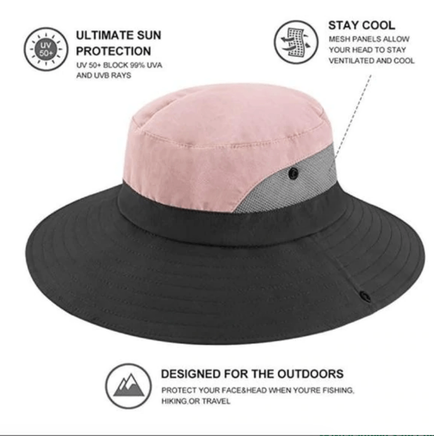 Comfortable women's wide-brim sun hat with UV protection & ponytail slot, adjustable for summer.