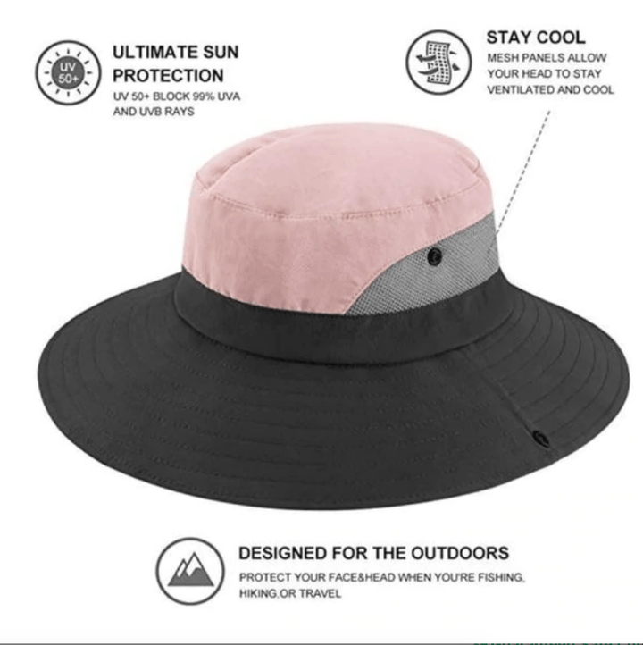 Comfortable women's wide-brim sun hat with UV protection & ponytail slot, adjustable for summer.