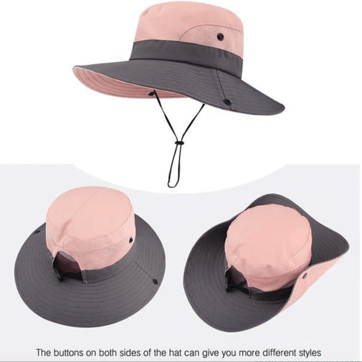 Women's beach & travel sun hat, wide brim, UV protection, ponytail slot, adjustable & foldable.