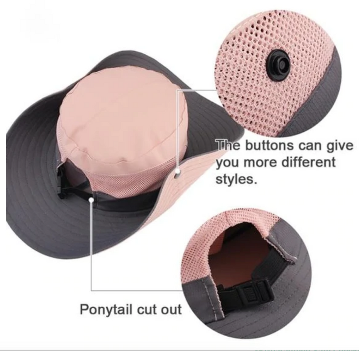 Women's sun hat, wide brim, UV protection, ponytail slot, adjustable & foldable for travel.