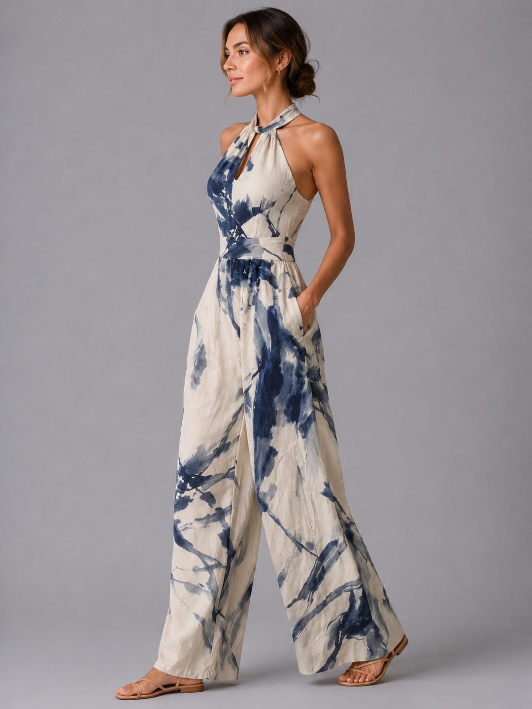 Comfortable women's wide leg halterneck jumpsuit. A versatile elegant or casual summer fashion piece.