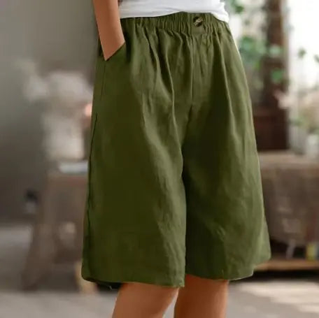 Women's wide leg high waist elastic shorts, perfect for comfortable casual summer wear & relaxed fit.