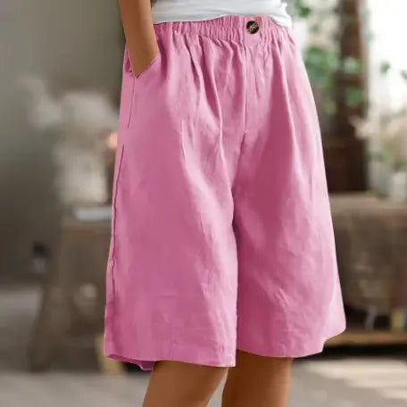 Back view: Comfortable women's wide leg high waist shorts, great for casual day wear & vacation outfits.