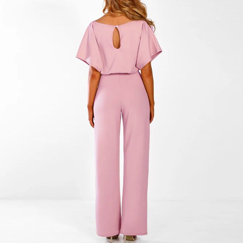 Elegant women's belted wide leg jumpsuit with short sleeves, ideal for casual wear or versatile fashion.