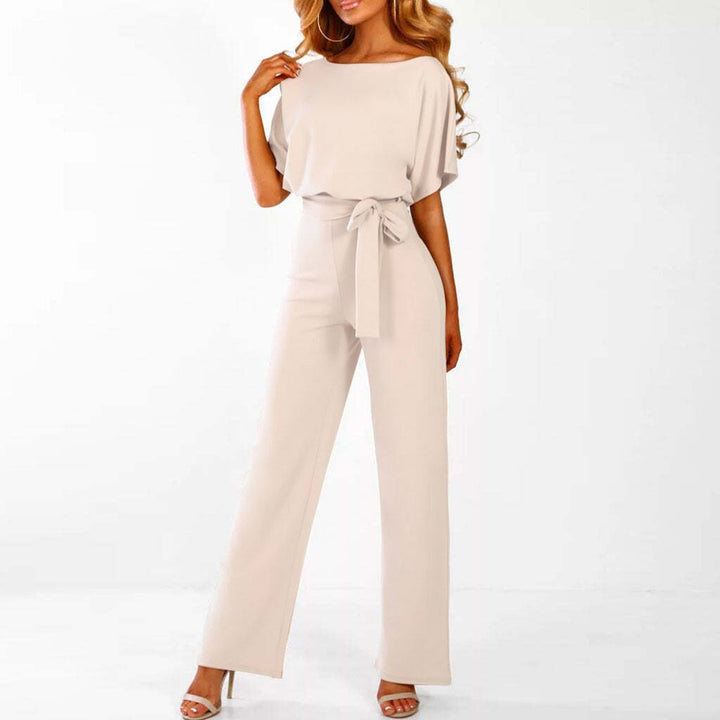 Stylish women's wide leg short sleeve jumpsuit, belted for a flattering silhouette, great for summer fashion.