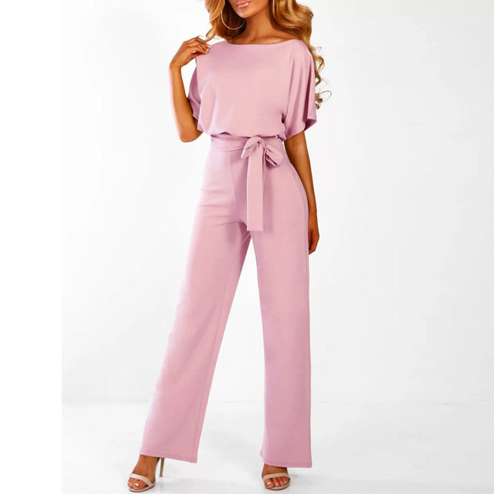 Spring/Summer women's wide leg jumpsuit, belted with short sleeves, offering effortless and stylish fashion.