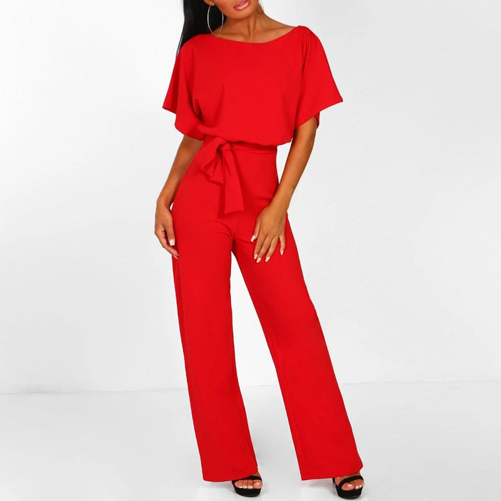 Flattering women's belted wide leg jumpsuit, short sleeve design for chic and comfortable summer style.