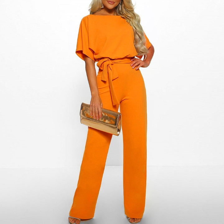 Chic women's wide leg short sleeve jumpsuit, belted for a defined waist, perfect for versatile fashion.