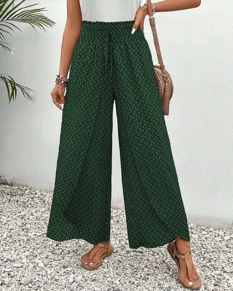 Green drawstring flowy wide leg palazzo trousers for women, lightweight & perfect for summer outings.