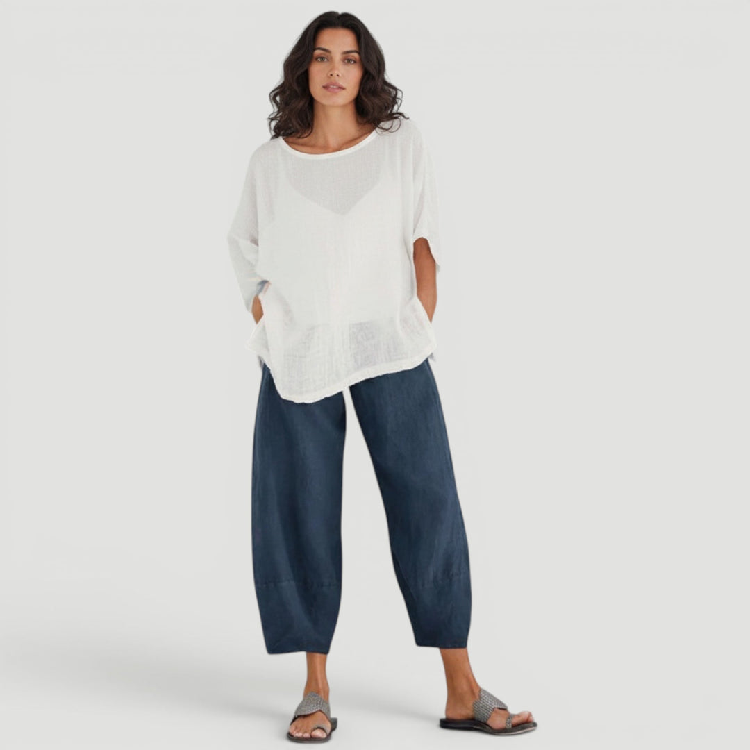 Versatile women's high-waist wide leg pants. Casual elegance, comfortable style for everyday or vacation outfits.