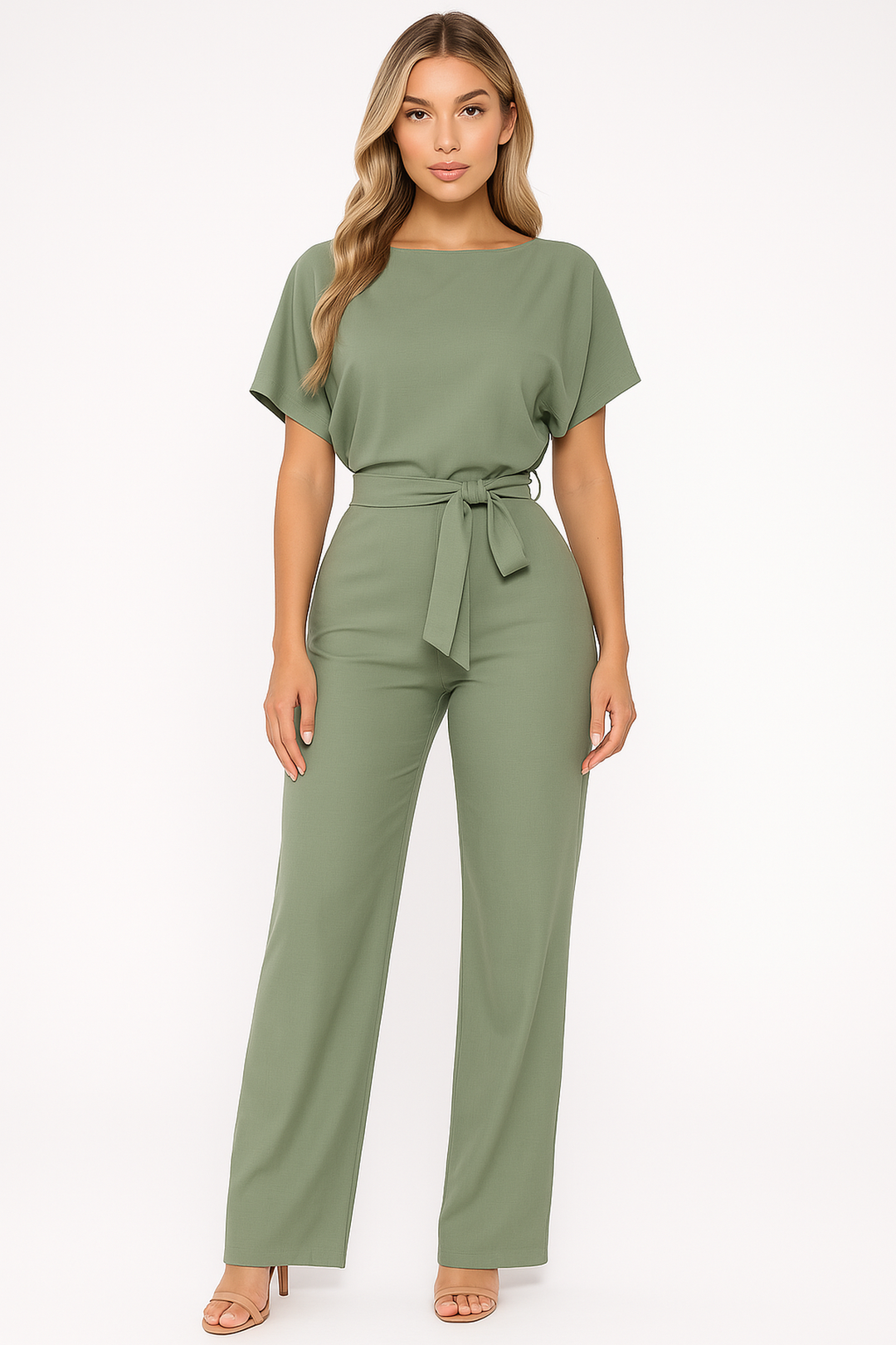 Women's wide leg short sleeve jumpsuit with waist tie. Comfortable one-piece fashion.