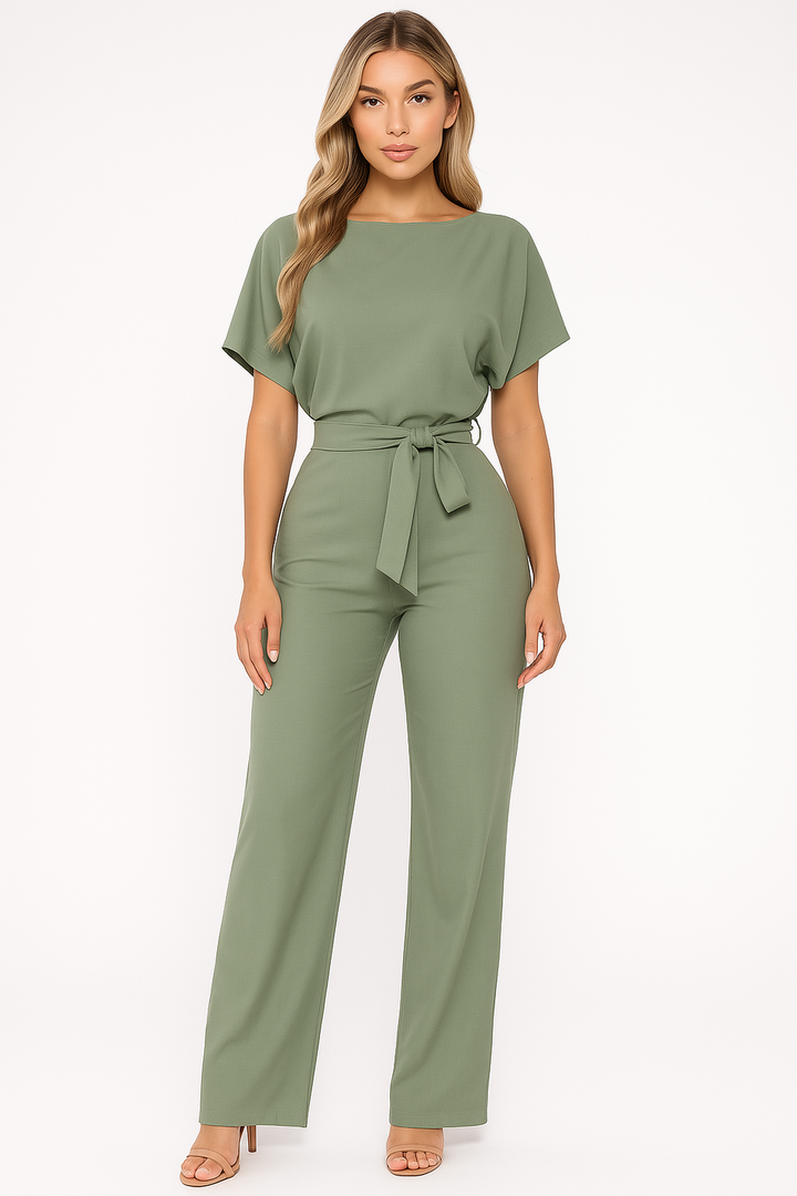 Women's wide leg short sleeve jumpsuit with waist tie. Comfortable one-piece fashion.