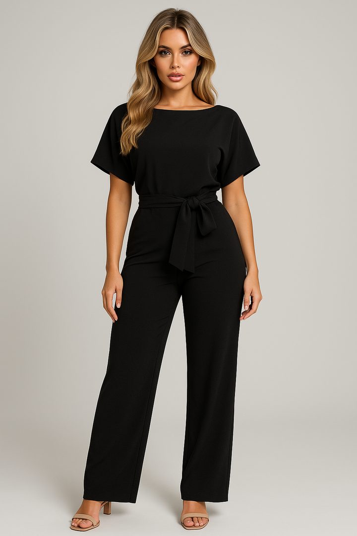 Chic one-piece women's wide leg jumpsuit, short sleeve with a flattering waist tie for women's fashion.