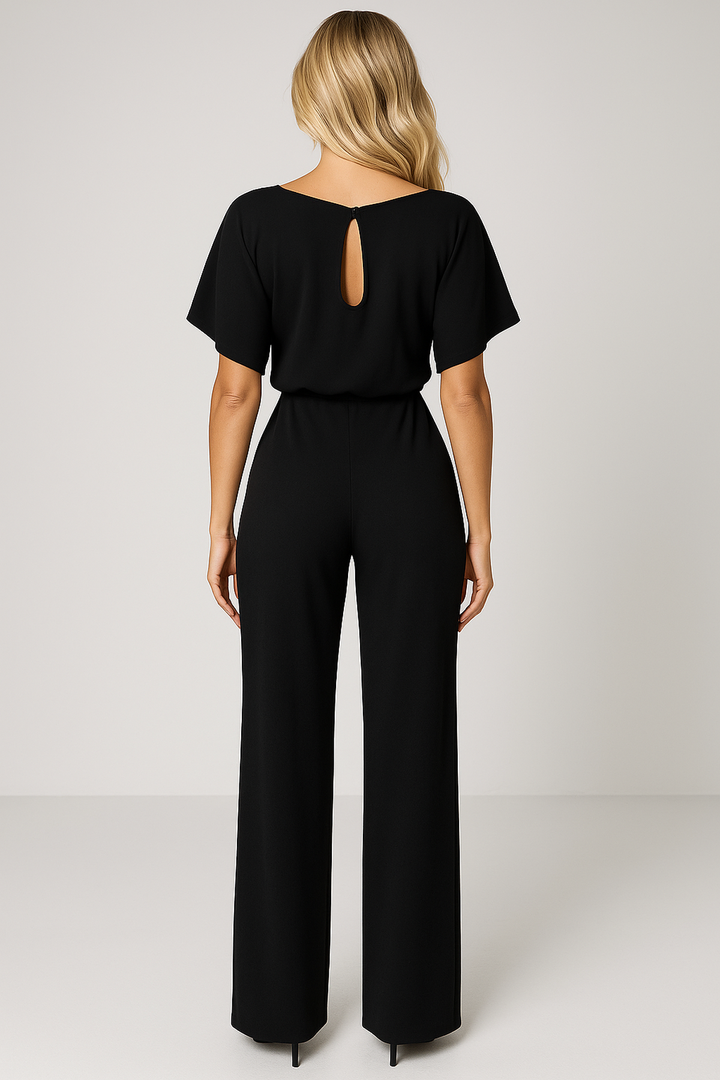 Boat neck women's wide leg short sleeve jumpsuit, featuring an adjustable waist tie for a perfect fit.