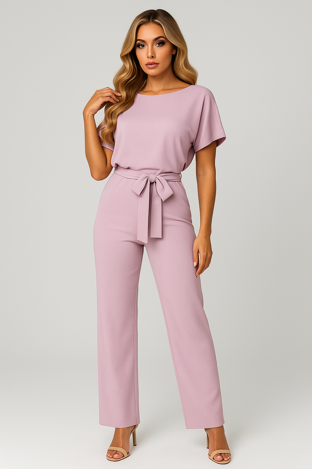 Fashionable women's wide leg short sleeve jumpsuit with waist tie, ideal for versatile sophisticated looks.