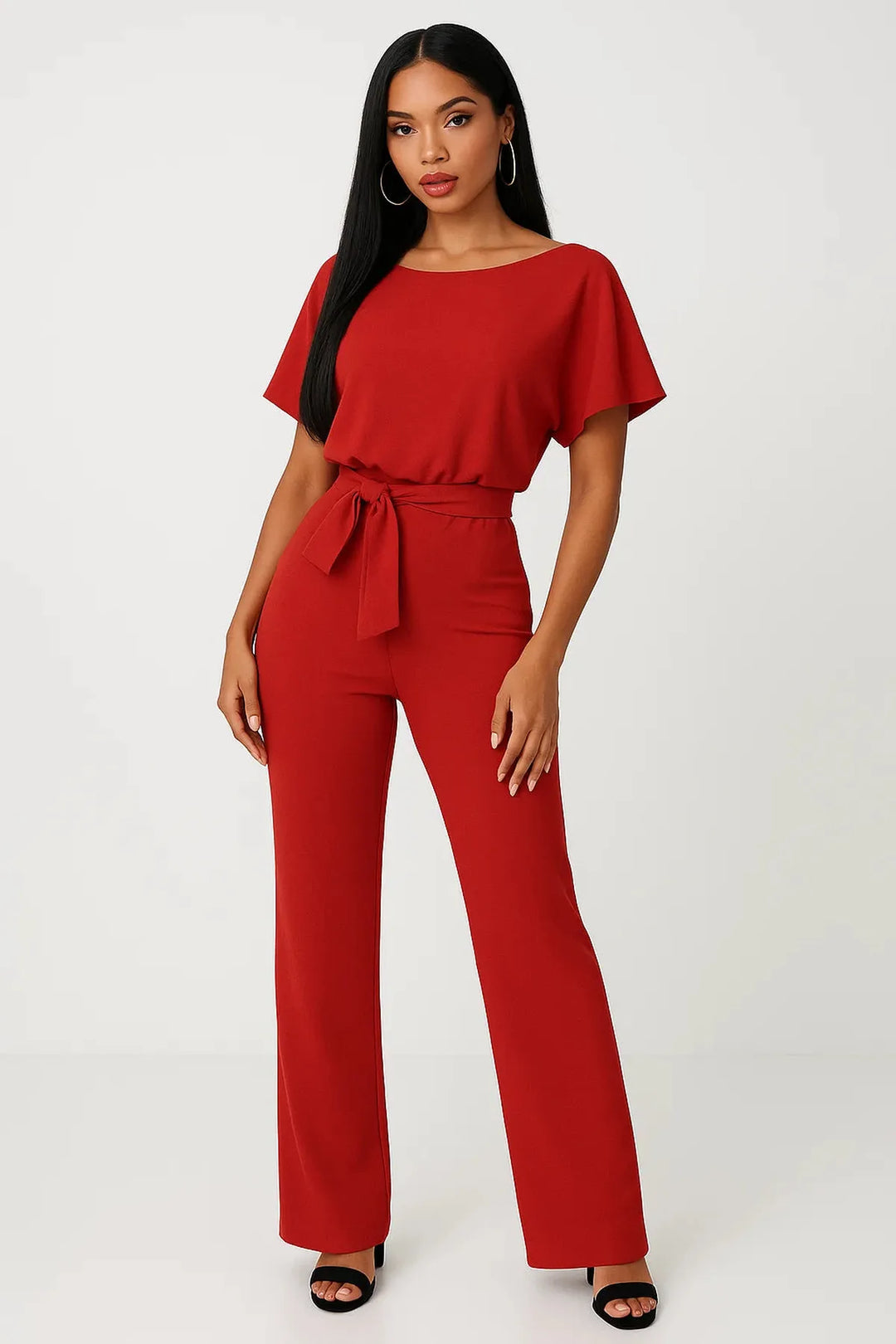 Women's wide leg short sleeve jumpsuit, a comfortable one-piece with an elegant waist tie design.
