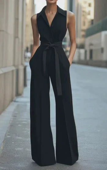 Chic women's sleeveless wide leg jumpsuit. This elegant one-piece with tie waist is a summer fashion essential.