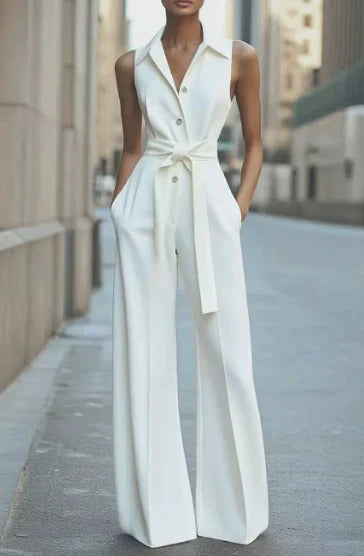 Stylish women's wide leg sleeveless jumpsuit, a comfortable one-piece with tie waist for effortless summer elegance.