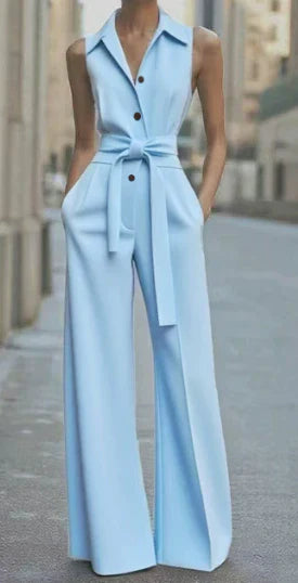 Versatile women's wide leg sleeveless jumpsuit with tie waist. An elegant casual one-piece for summer fashion.