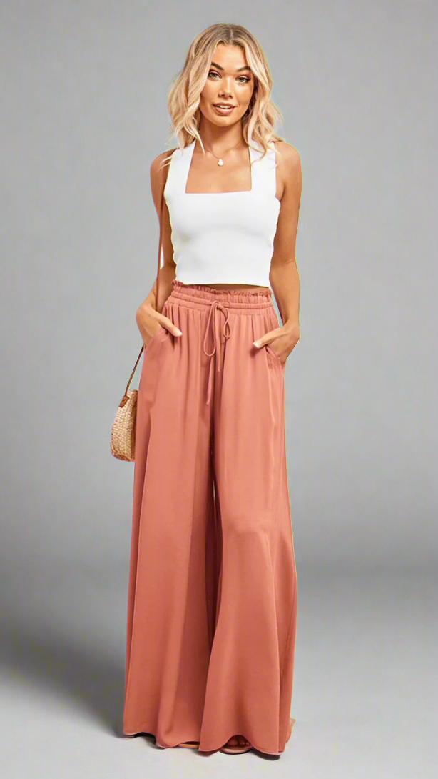 Daily wear wide-leg pants for women with a comfortable elastic waist, stylish & versatile.