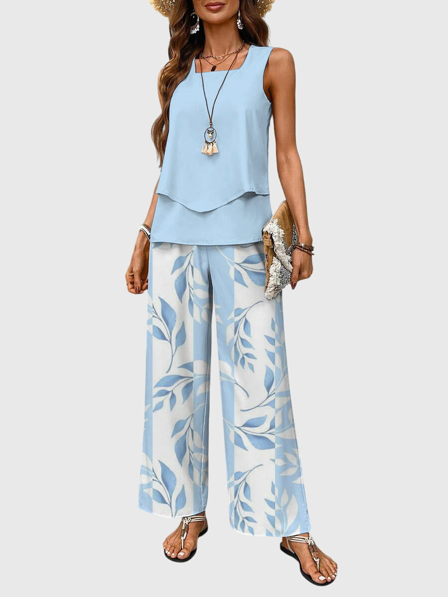 Women's wide leg two-piece set with palazzo pants and sleeveless top, perfect for summer casual wear.