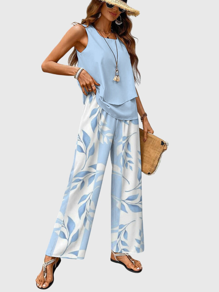 Stylish & comfortable women's wide leg two-piece co-ord set with sleeveless top, ideal for summer outfits.