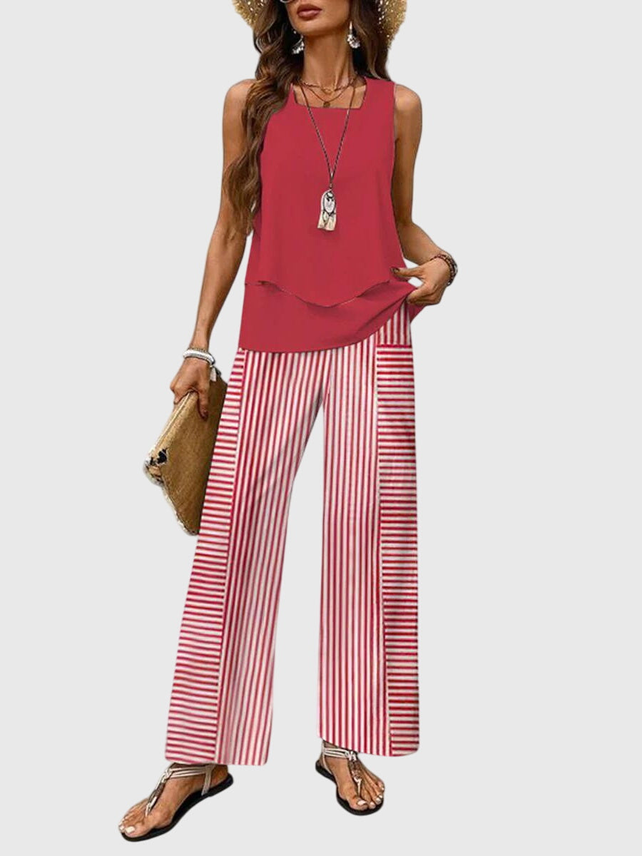 Casual women's summer outfit: wide leg palazzo pants & sleeveless top two-piece co-ord set, trendy & comfy.
