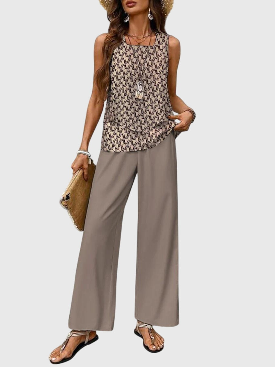 Elegant women's wide leg two-piece set with sleeveless top & palazzo pants, perfect for a chic summer look.