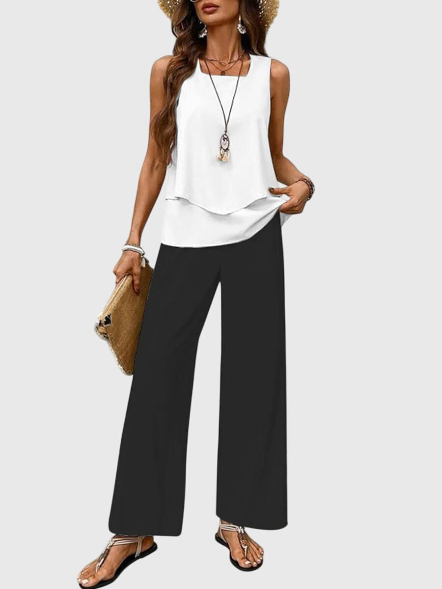 Versatile women's wide leg two-piece set: sleeveless top & palazzo pants. Ideal for casual or stylish summer wear.