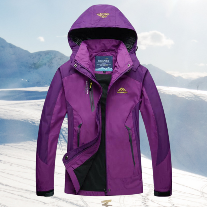 Women's wind and water-resistant hooded outdoor jacket, perfect for hiking and travel.