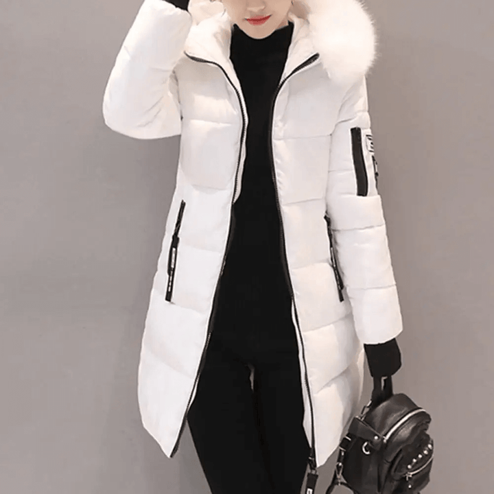 Women's windproof puffer coat. Stylish, warm mid-length hooded jacket for cold weather winter fashion.