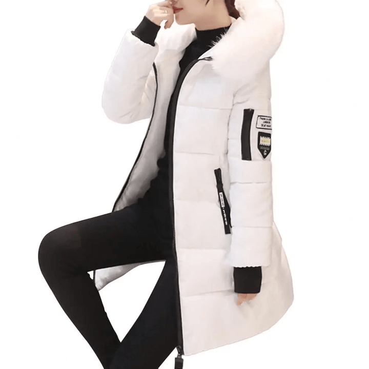 Full length shot of women's warm puffer jacket. Windproof mid-length winter coat, essential for cold weather.