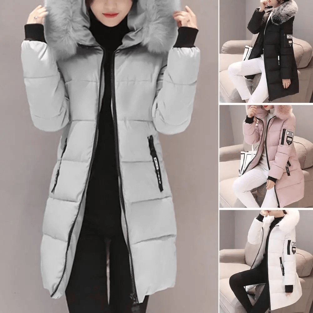 Front view of a women's windproof puffer coat. Warm, hooded winter jacket for stylish cold weather protection.