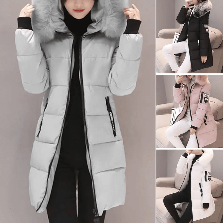 Front view of a women's windproof puffer coat. Warm, hooded winter jacket for stylish cold weather protection.